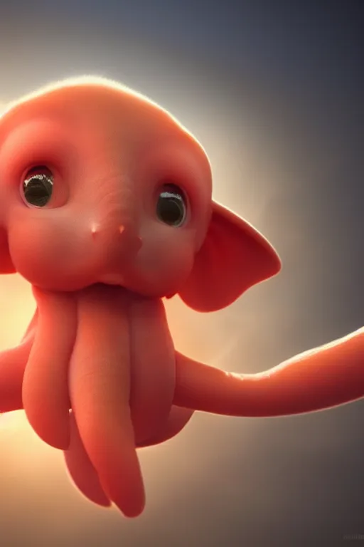 Image similar to cute baby Dumbo octopus, dramatic lighting, cinematic, establishing shot, extremely high detail, foto realistic, cinematic lighting, post processed, concept art, high details, cinematic, 8k resolution, beautiful detailed, photorealistic, digital painting, artstation, concept art, smooth, sharp focus, artstation trending, octane render, unreal engine