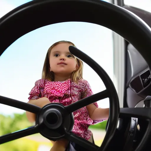 Prompt: small girl sitting on the wheel in the car and driving