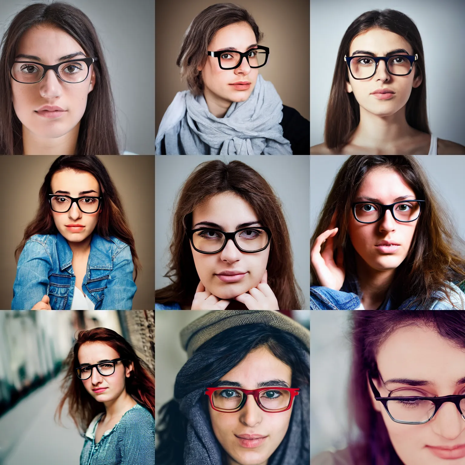 Prompt: the half algerian half french 22 year old female wearing glasses, photograph, in focus