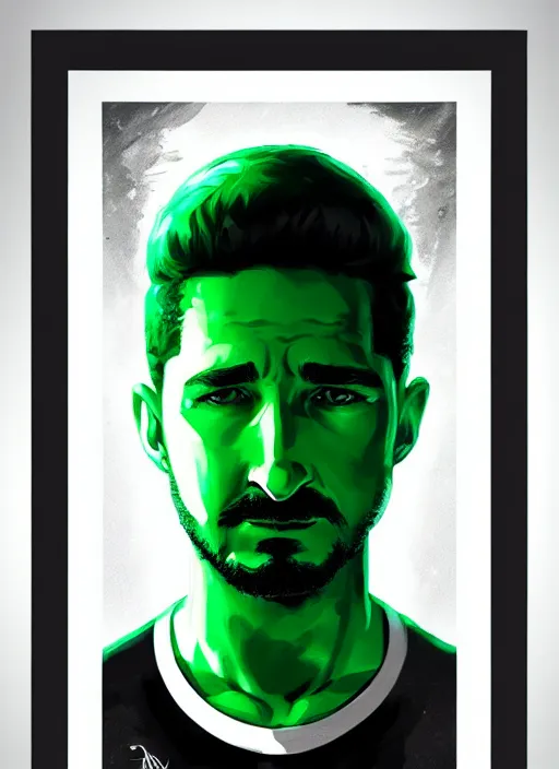 Image similar to highly detailed closeup portrait motivational poster of shia lebouf with large bold letter motivational words by greg rutkowski, by artgerm, gradient green, black and white color scheme, black border