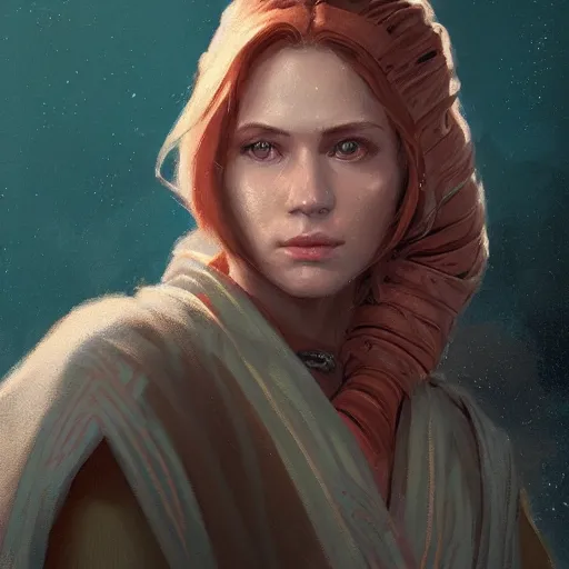 Image similar to portrait of a woman by greg rutkowski, jedi knight jade skywalker, wavy copper hair, jedi robes, star wars expanded universe, she is about 2 0 years old, wearing jedi robes, highly detailed portrait, digital painting, artstation, concept art, smooth, sharp foccus ilustration, artstation hq