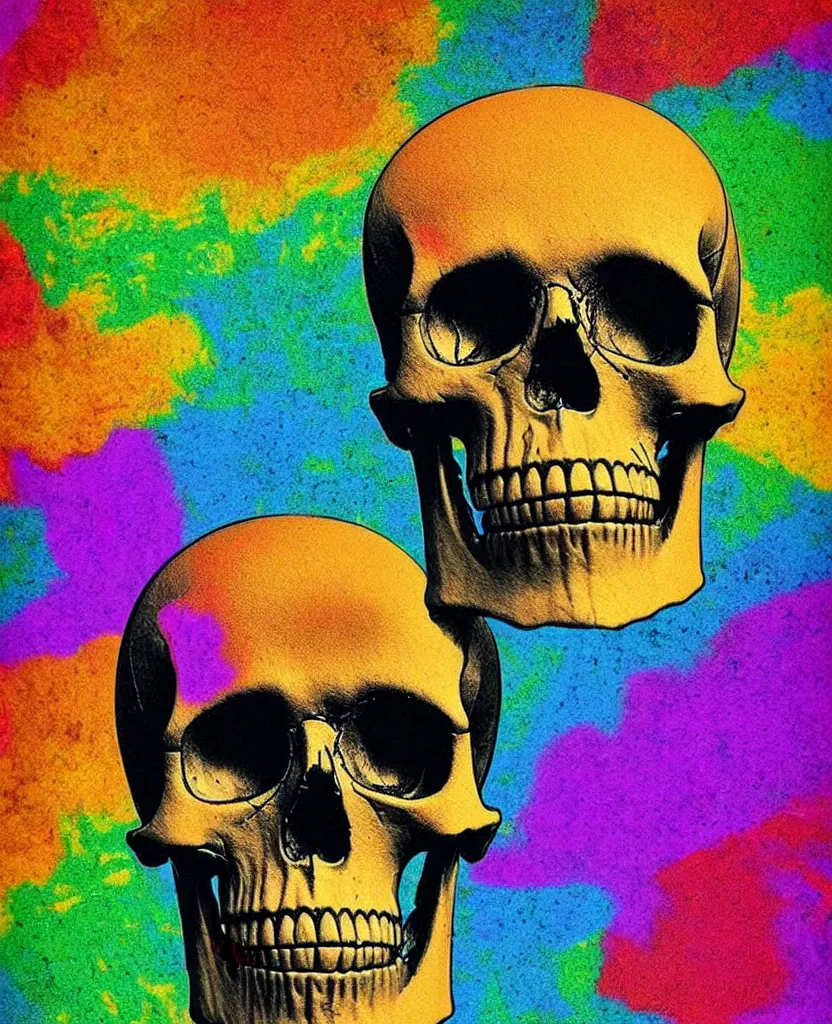 Prompt: a rainbow skull thinking of a creative idea to make art with, 3 d hd andy warhol vintage style, brutalist primitivism expressionism, texture emotion memento mori we all die, posterized, miniature effect diorama, 3 5 mm grainy film