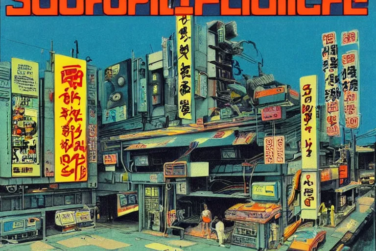 Prompt: 1979 Popular science Magazine Cover of a tv repair shop in neo-Tokyo in cyberpunk soviet style by Vincent Di Fate