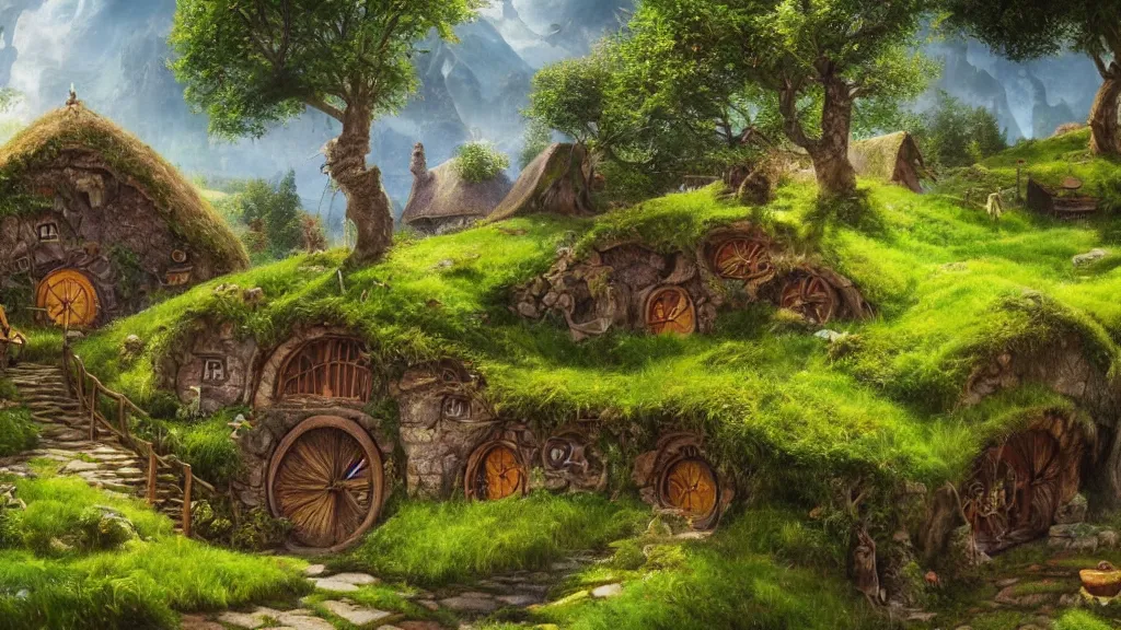 Prompt: a hobbit village with hobbits and hobbit houses and beautiful green grass, and one old beautiful tree, highly detailed oil painting, epic fantasy art, abstraction, masterpeice, 8k