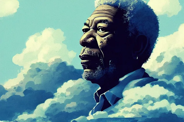 Image similar to Pixiv Digital art Full Body Extreme Detailed Full and Isolated and singular portrait of Morgan Freeman sitting on a Cloud in the sky. His legs are crossed lotus position in the scene is full of clouds by Ilya Kuvshinov and Greg Rutkowski