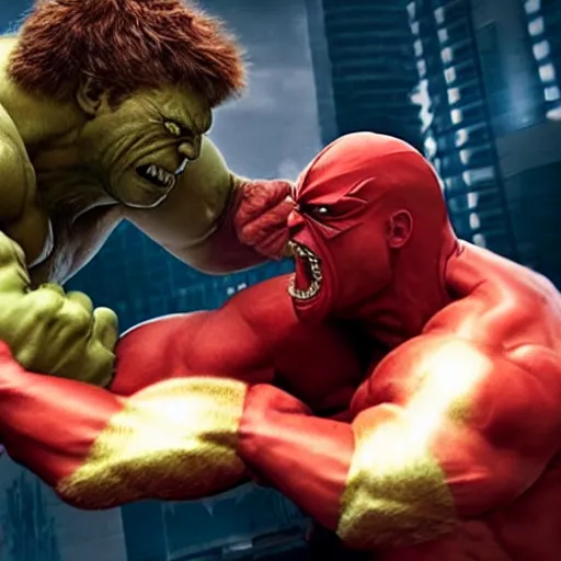 Image similar to hulk fighting juggernaut from x - men, marvel movie, cinematic, explosive action, vfx, artistic