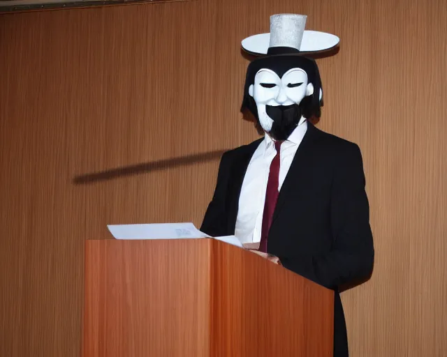 Image similar to professor anonymous wearing guy fawkes mask giving presentation at lectern, large presentation display
