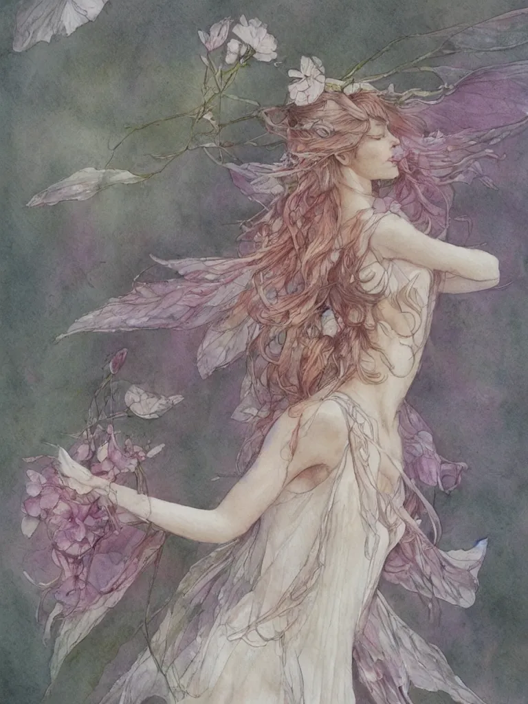 Image similar to study of a flower fairy, illustration, watercolor, alan lee, detailed, pretty, ethereal, realistic, artstation,