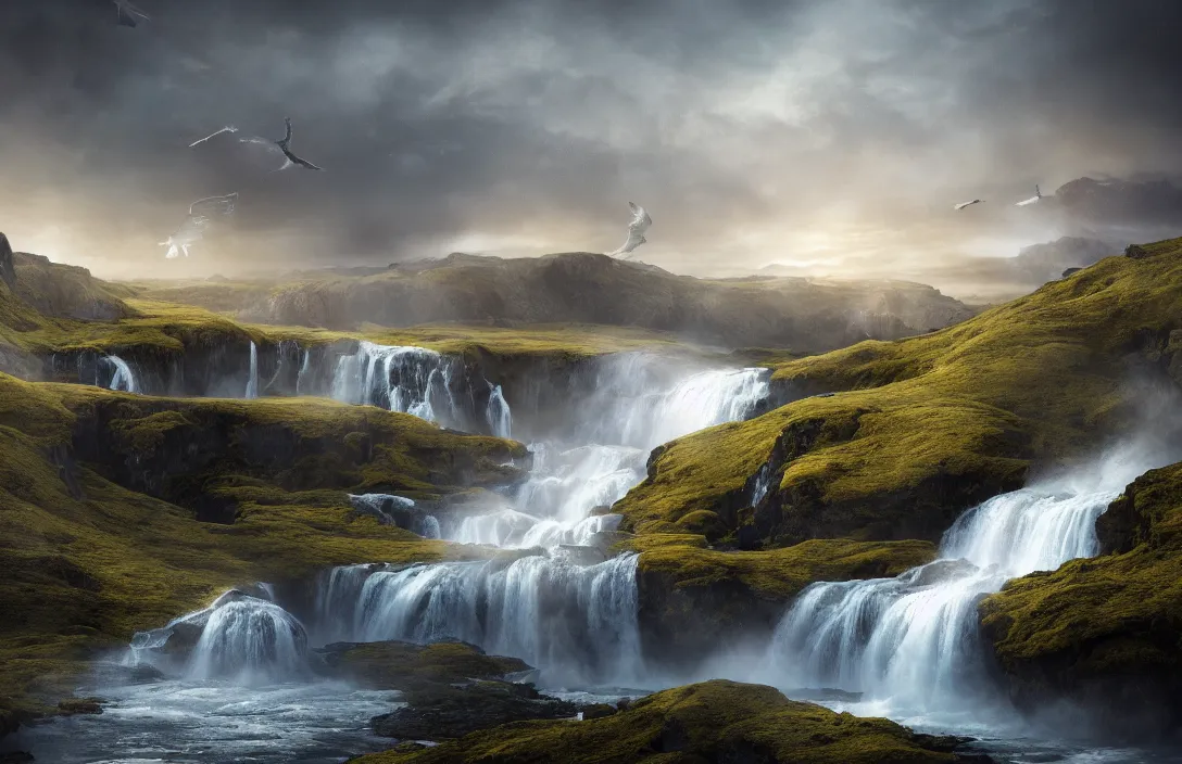 Prompt: a huge arc far away in a hyperreal mattepainting icelandic landscape, detailed dreamscape, hyperreal phantastic, intricate details in environment, golden ratio, high aestehtic, waterfall cascades, cinematic light dramatic light, lightrays, flying birds in distance, trending on artstation