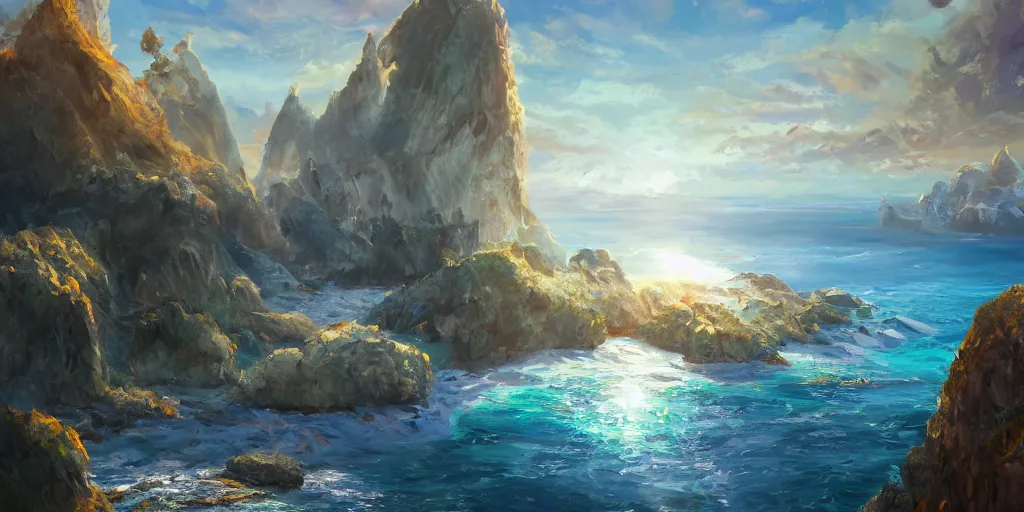 Image similar to salt covered islands surrounded by gleaming colourful crystal cliffs, illustration, bright sunlight, sun glints, sunrays, digital art, oil painting, fantasy, 8 k, trending on artstation, detailed