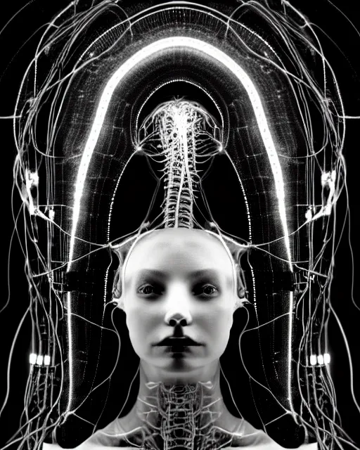 Image similar to black and white cyborg - plant goddess high quality photo, microchip, artificial intelligence, bio - mechanical bio - luminescence, black wired cables, neurons, nerve cells, cinematic, rim light, photo - realistic, high detail, 8 k, masterpiece, high fashion, in the style of steven meisel dora maar h. g. giger