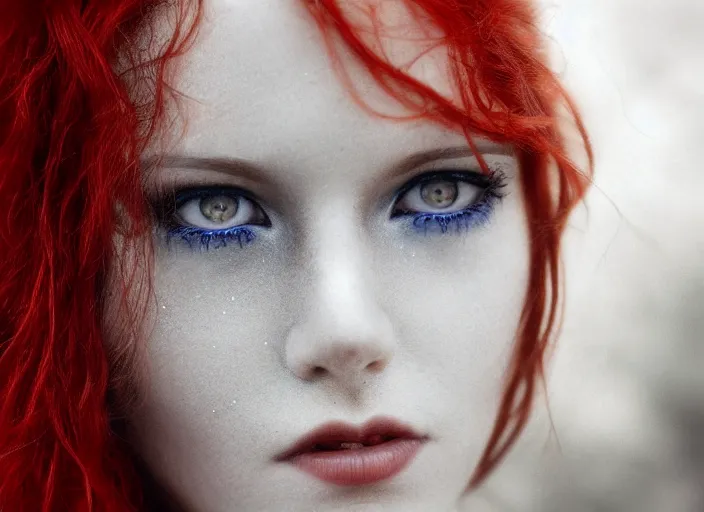 Prompt: award winning 3 5 mm close up face portrait photo of a redhead with blood - red wavy hair and intricate eyes that look like crystals, in a park by luis royo