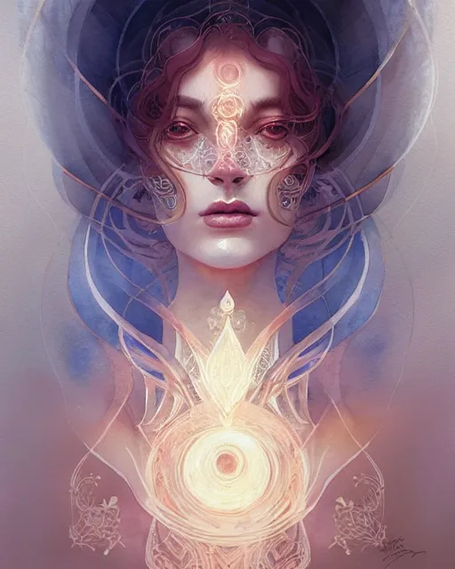 Prompt: Rose Gold intricate lace smoke portrait, geometric watercolor art by peter mohrbacher and artgerm, radiant halo of light