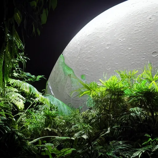 Image similar to photo of a beautiful rainforest habitat in a dome on the moon