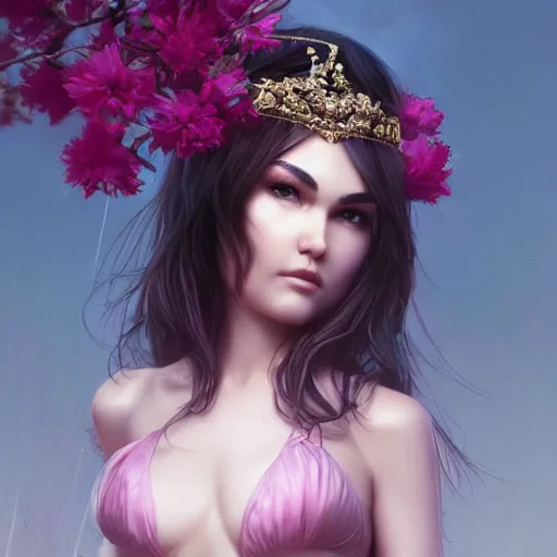 Prompt: sasha grey expressive full body photo, of beautiful angel, smooth glowing skin, ornate headpiece made from pink flowers, glamour shot, by yoshitaka amano, by greg rutkowski, by jeremyg lipkinng, by artgerm, digital art, octane render