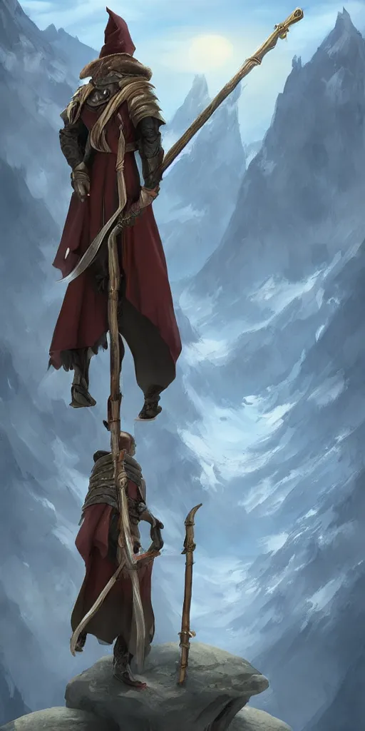 Prompt: A male wizard with a staff standing on a mountain peak over looking a kingdom, trending on artstation, digital art