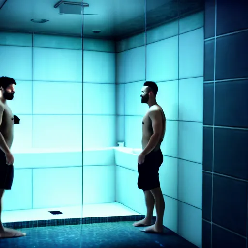 Image similar to two guys in the steam room. super realistic 8 k render of a elegant, cinematic composition