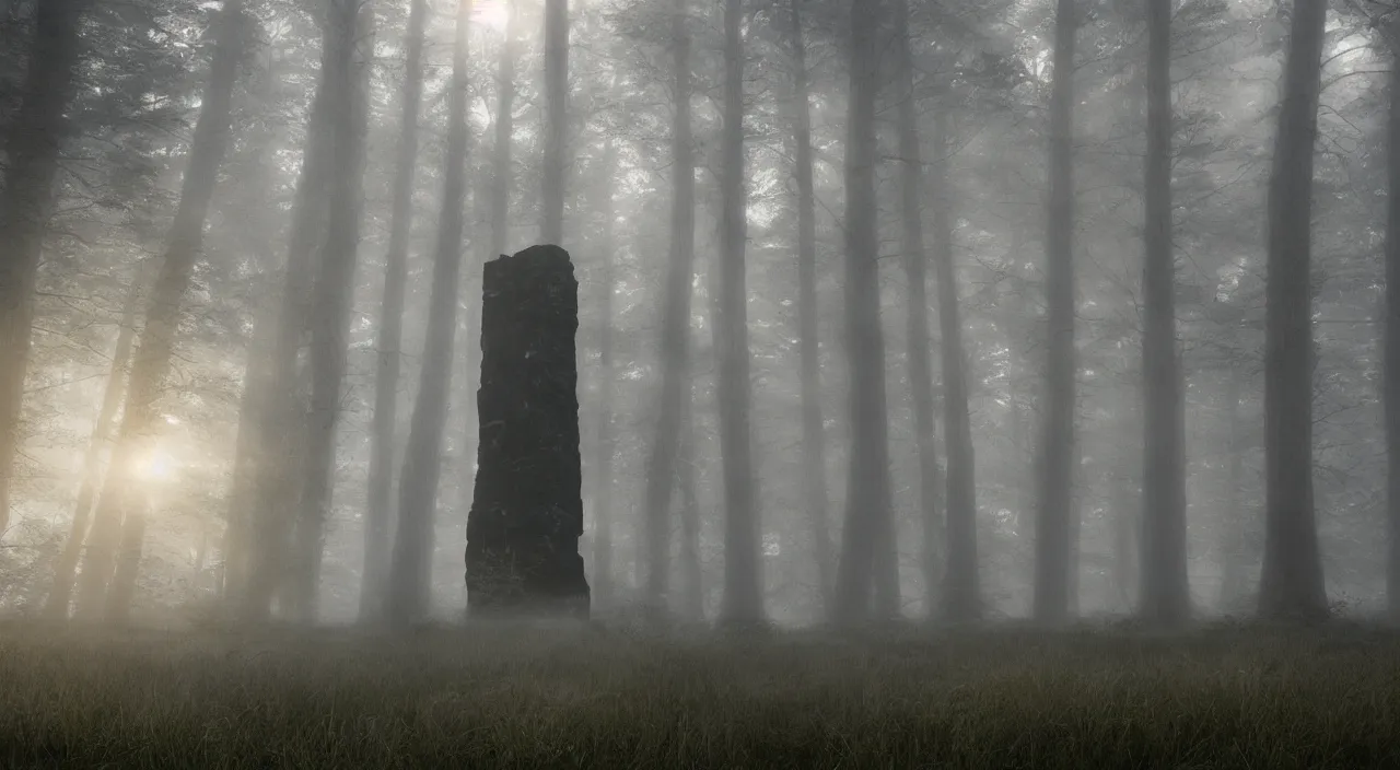 Image similar to photorealistic tower on the edge of nowhere misty moors ropes old growth rock features volumetric fog light rays high contrast dawn