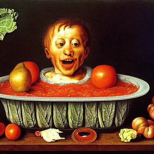 Prompt: a boy sitting in a tub full of tomato sauce, the boy is very happy, a lot of cabbage, by giuseppe arcimboldo and ambrosius benson, renaissance, fruit, intricate and intense oil paint, realistic