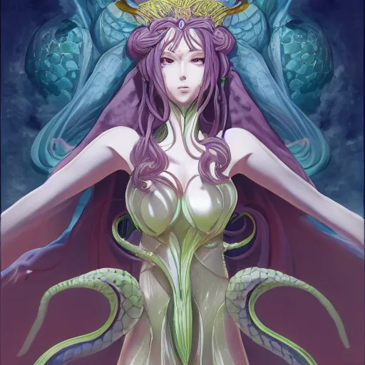 Image similar to portrait of medousiana the earth goddess of snakes, anime fantasy illustration by tomoyuki yamasaki, kyoto studio, madhouse, ufotable, square enix, cinematic lighting, trending on artstation