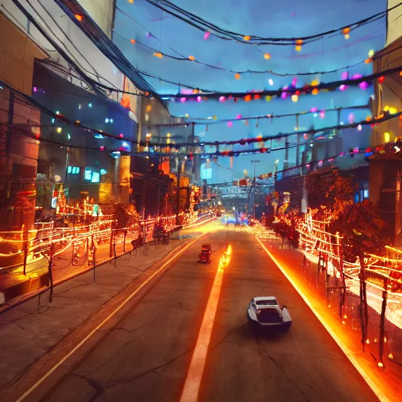 Image similar to Downtown Mexico, string lights, colorful lighting, night, realism, gta 5 screenshot, by Tooth Wu, by Lienzo Óleo Paisaje, by Greg Rutkowski