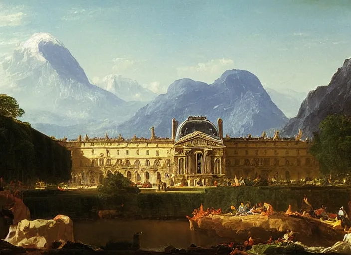 Image similar to painting of the louvre museum in front of beautiful mountains by thomas cole