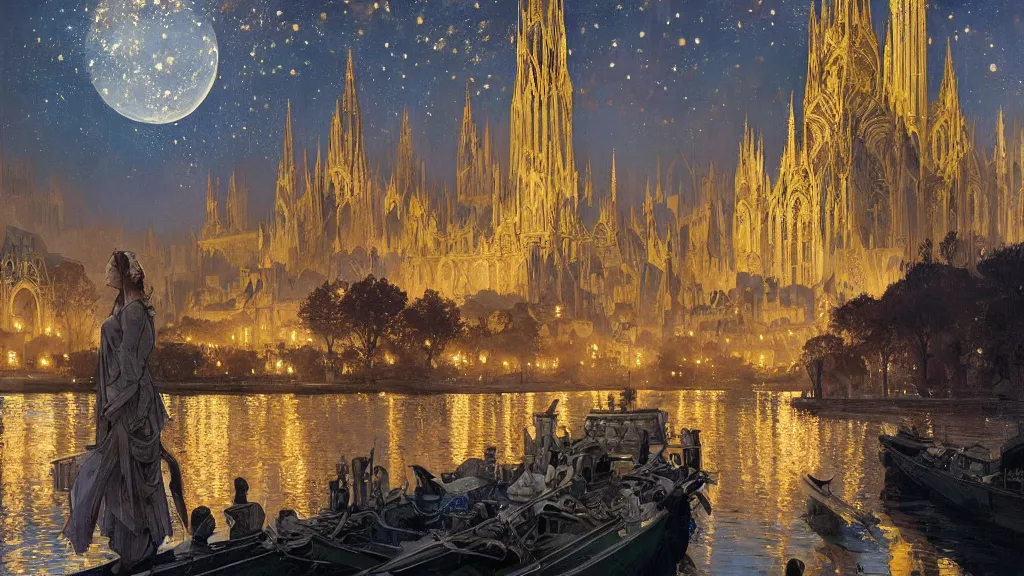 Image similar to a beautiful painting of the view from the river of a cathedral with beautiful, symmetric curving art nouveau architecture, at night with a sky full of stars, intricate, elegant, highly detailed, digital painting, artstation, concept art, by krenz cushart and artem demura and alphonse mucha