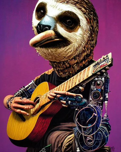 Prompt: a portrait of an anthropomorphic cyberpunk sloth strumming a 1 2 string acoustic guitar by sandra chevrier, by jon foster, detailed render, tape deck, epic composition, cybernetics, 4 k realistic, cryengine, realistic shaded lighting, sharp focus, masterpiece, by enki bilal