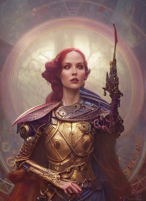 Image similar to hyper realistic knight casting a spell, refined details, denoised, birds eye view, magical, gems, jewels, gold, steampunk, cyberpunk utopia, painted by tom bagshaw, mucha, gaston bussiere, craig mullins, j. c. leyendecker 8 k