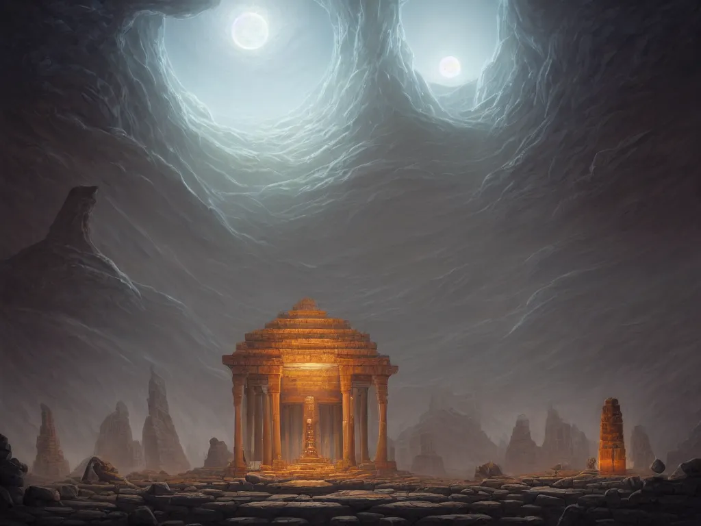 Prompt: A picture of an ancient temple with geometric patterns under the full moon art by Noah Bradley, Darek Zabrocki, Pablo Carpio and Jordan Grimmer, ominous, cosmic horror, trending on artstation, Ultra detailed, hyper realistic, 4k