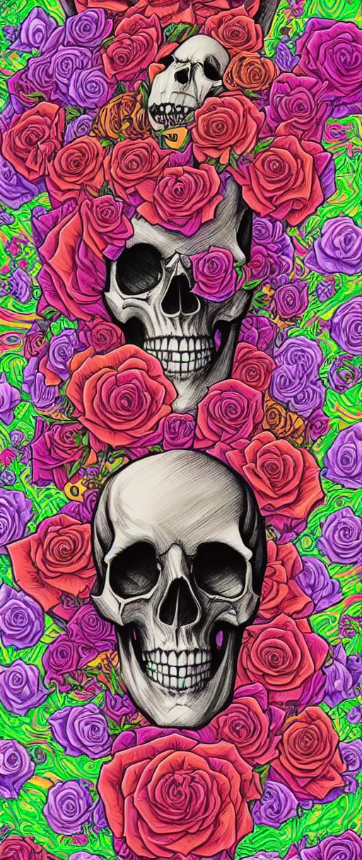 Prompt: ortographic view of a large bone draped skull and psychedelic vibrant roses by Jen Bartel and Dan Mumford and Satoshi Kon, gouache illustration