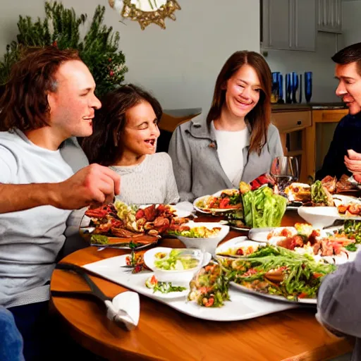 Prompt: Photo of a civilized and well dressed dog family around a dinner table having turkey and bone salads