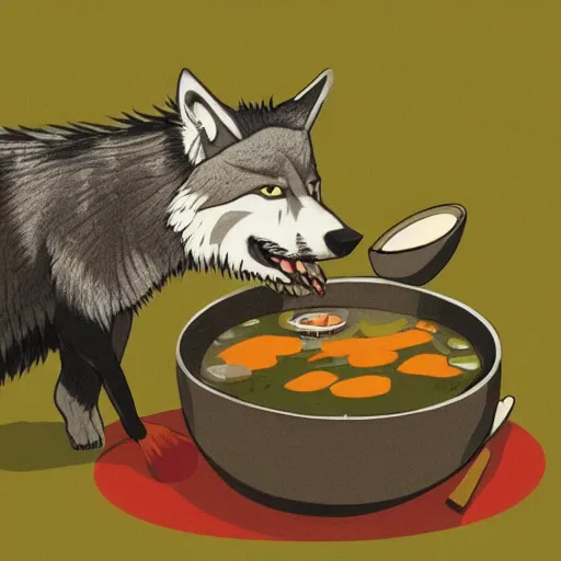 Image similar to a wolf drinking soup