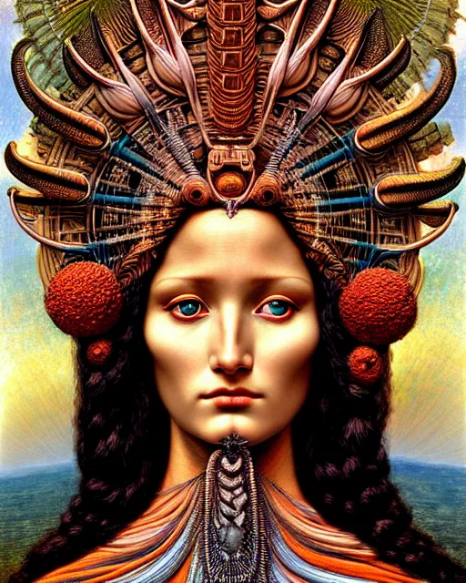 Image similar to hyperrealistic detailed face portrait of the beautiful goddess of the volcanos with an intricate headdress of an erupting volcano, art by ernst haeckel, john william godward, android jones, h. r. giger, gothic - cyberpunk, ornamental, dimmed pastel colours,