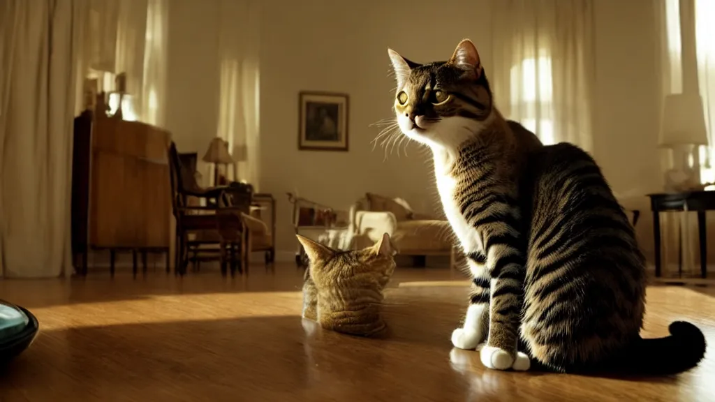 Image similar to an average american cat in the living room, film still from the movie directed by Denis Villeneuve with art direction by Salvador Dalí, wide lens