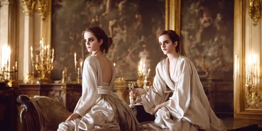 Prompt: portrait Emma Watson flowing silk robes baroque room cinematic lighting Stanley Kubrick Barry Lyndon canon 5d mk4