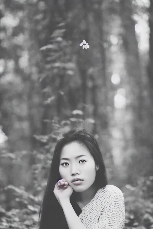 Prompt: analog photograph of an beautiful asian girl, deep wood on background, film grain, depth of field, bokeh, detailed