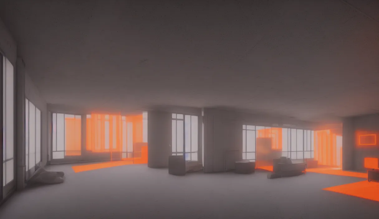 Prompt: a room in a brutalist building with small windows, orange neon lights, dramatic lighting, hyper realistic, photography, 3 5 mm, kodak film, 8 k, cg render, octane render, unreal engine render