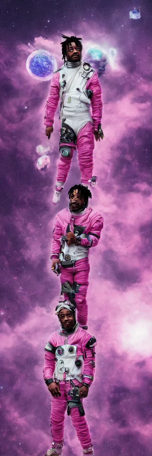 Prompt: Cinematic full body portrait of Lil Uzi Vert wearing a pink spacesuit, cinematic photograph, matte painting, trending on artstation, space clouds art