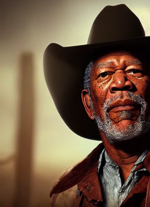 Prompt: an film still of morgan freeman as cowboy with beard, western background unreal engine. amazing likeness. very detailed.