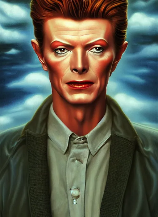 Image similar to twin peaks poster art, portrait of david bowie arriving in tweak peaks, by michael whelan, rossetti bouguereau, artgerm, retro, nostalgic, old fashioned