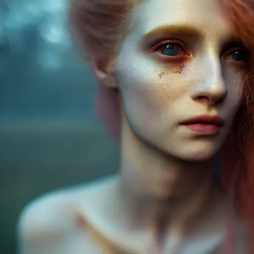 Image similar to photographic portrait of a stunningly beautiful english sorceress renaissance female in soft dreamy light at sunset, beside the river, soft focus, contemporary fashion shoot, in a denis villeneuve and tim burton movie, by edward robert hughes, annie leibovitz and steve mccurry, david lazar, jimmy nelsson, extremely detailed, breathtaking, hyperrealistic, perfect face, octane render