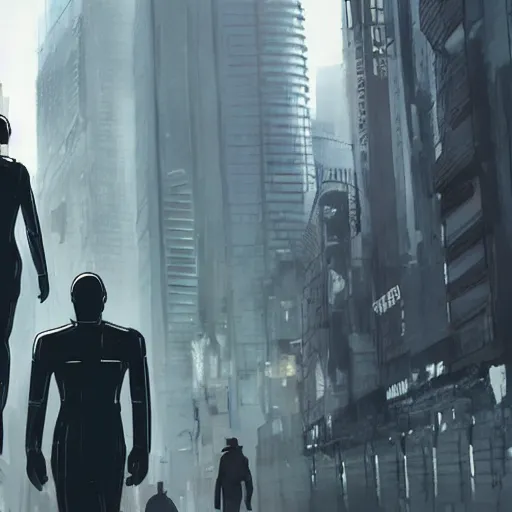 Prompt: Androids walking in a dystopic city