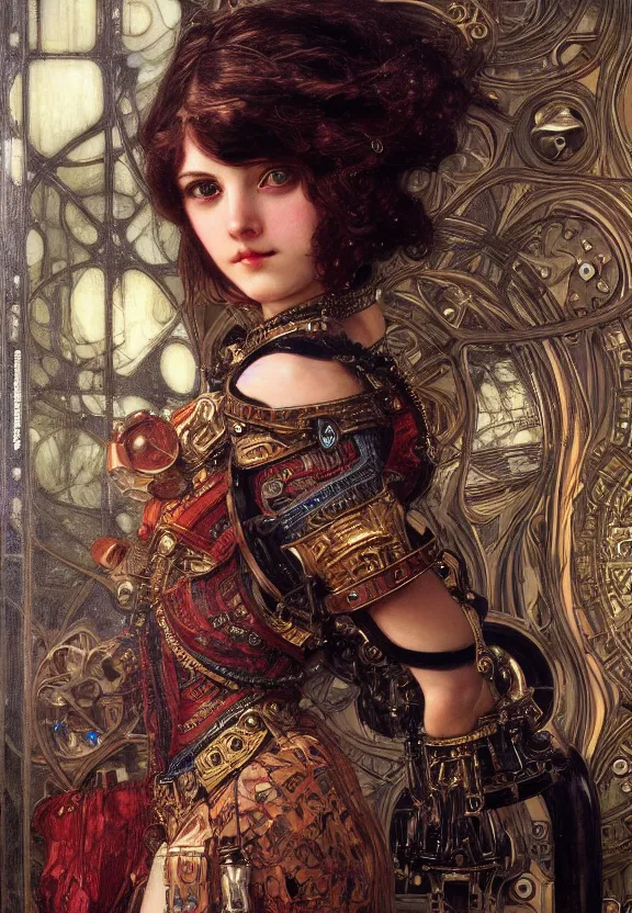 Image similar to portrait of a mechanical girl, ornamental, photorealistic, photorealism, cinematic atmosphere, elaborate, highly detailed, ornate, futuristic, dramatic lighting, 4 k, by waterhouse, mucha,