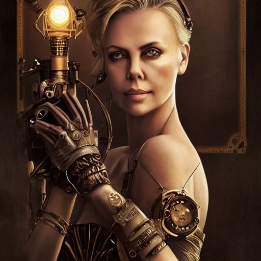 Prompt: beautiful Charlize Theron in detailed steampunk dress, smooth, sharp focus, illustration, realistic, cinematic, artstation, cinematic, award winning, original modern artwork, set on Singaporean aesthetic, rgb ethereal lighting,8k