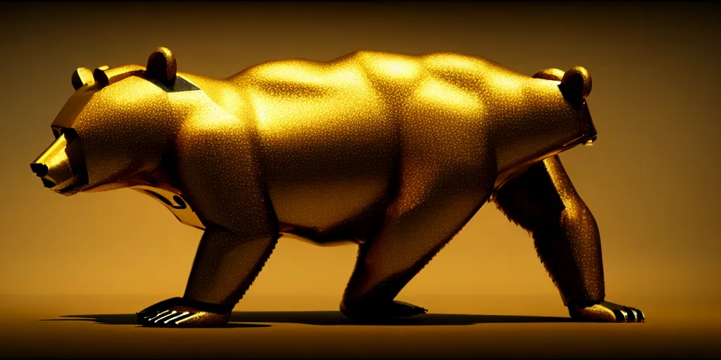 Prompt: film still of a mechanical bear made of gold in a marvel movie, science fiction industrial hard science concept art, 8K render octane high definition cgsociety, photorealistic, unreal engine 5