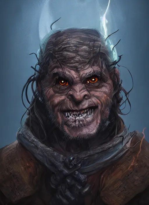 Image similar to A fantasy comic book style portrait painting of a hobgoblin as a Sorcerer in a atmospheric dark fortress, unreal 5, DAZ, hyperrealistic, octane render, RPG portrait, ambient light, dynamic lighting