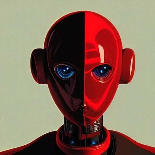 Image similar to self portrait of a humanoid robot with a beetle pincer face. Red and black body, digital art, realistic, ultradetailed, concept art in the style of Science Fiction. art by Syd Mead and Moebius, trending on artstation, devianart, cgsociety