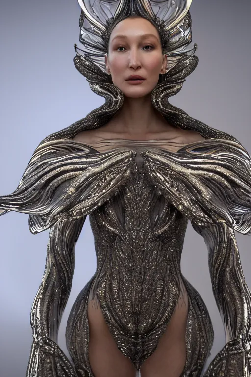 Prompt: a highly detailed metahuman 4 k close up render of an alien goddess bella hadid as kleopatra in iris van herpen dress schiaparelli in diamonds crystals swarovski and jewelry in style of alphonse mucha gustav klimt trending on artstation made in unreal engine 4