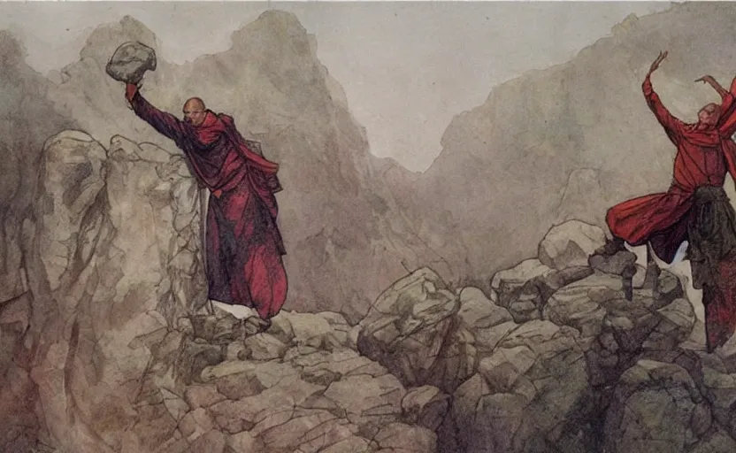 Image similar to a hyperrealist watercolour concept art of a monk levitating a huge rock over his head. it is a misty night on the moors of ireland. by rebecca guay, michael kaluta, charles vess and jean moebius giraud. high detail, hq